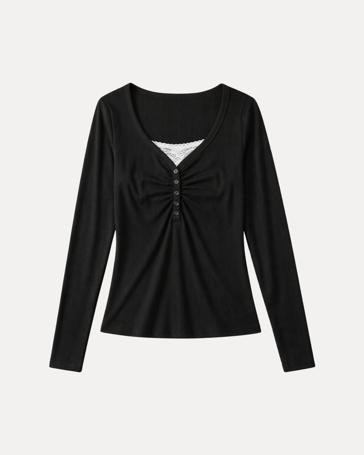 Ruched Henley Top – Zwart
