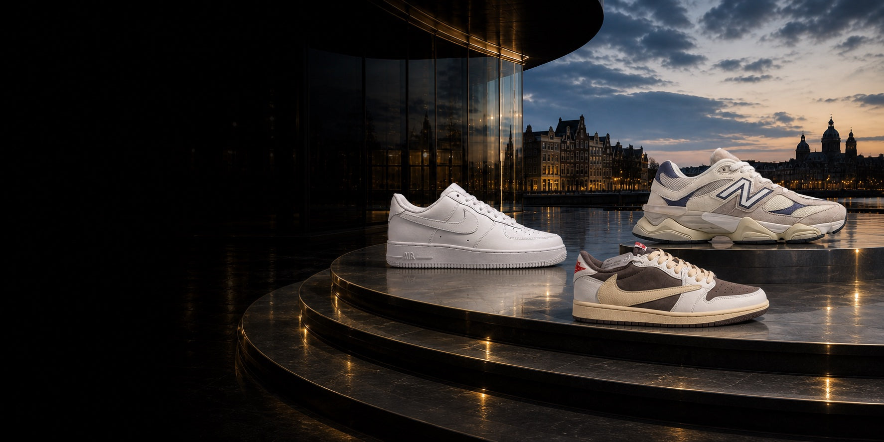 Air Force 1 Triple White, Air Jordan 1 Low Reverse Mocha en New Balance 9060 Moonrock uit de Laceup collectie